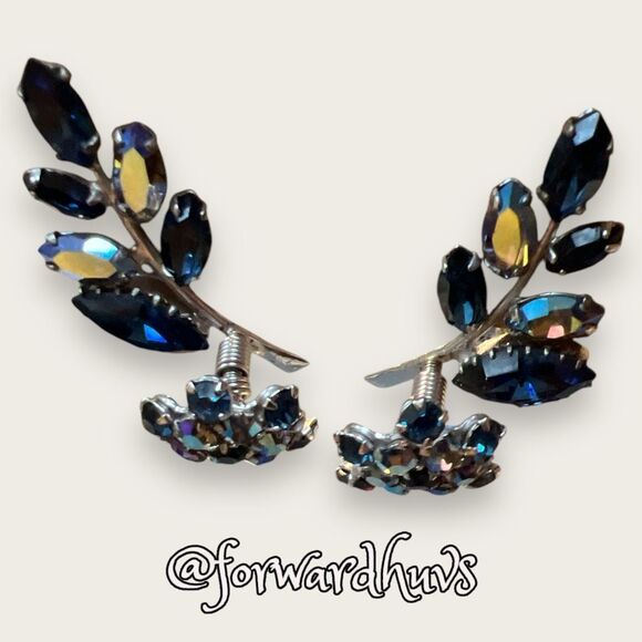 RARE AB Rhinestone Clip Earrings with Spring Attached Rhinestone Flower - Picture 2 of 8